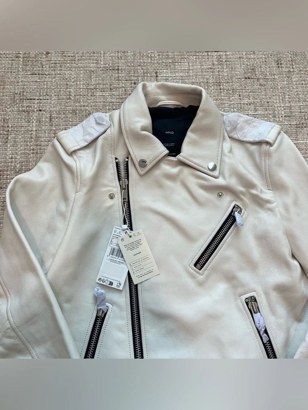 MANGO women White Sheep Leather Biker Jacket L